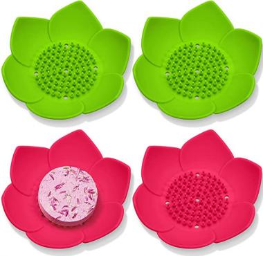 4 Pack Lotus Shower Steamer Holders Silicone Soap Dish with Drain Flexible Bar Soap Holder Flower Shape Soap Saver Soap Tray for Shower Bathroom Soap Dish for Bath Kitchen Sink Travel, Green Hot Pink