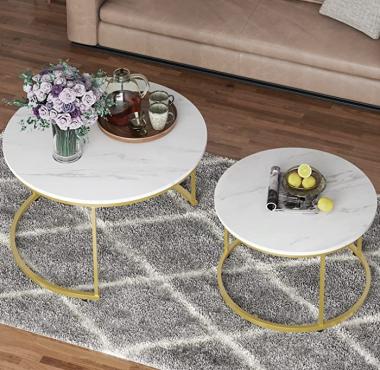 Yechen Coffee Table for Living Room, Set of 2 Modern Nesting Side Coffee Tables, Contemporary Accent Coffee and Snack End Table for Living Room,31 inch, White Table Top with Gold Metal Frame