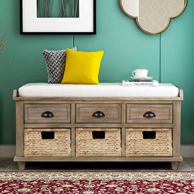 Wicker Storage Bench with 3 Drawers, 3 Rattan Baskets and Removable Cushion, Home Collection Bench with Storage Baskets for Entryway, Hallway, Living Room (White Washed)