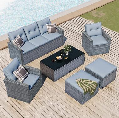 Merax 6 PCS Outdoor Patio Conversation Sets All-Weather PE Sectional Furniture with Coffee Table, Ottomans, Dark Grey Wicker, Light Grey Cushion