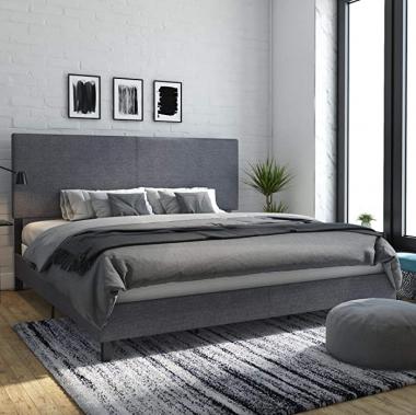 DHP Janford Upholstered Platform Bed with Modern Vertical Stitching on Rectangular Headboard, King, Gray Linen