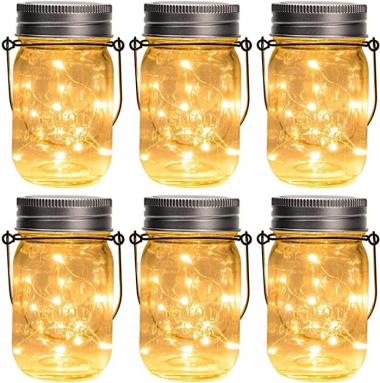 GIGALUMI Hanging Solar Mason Jar Lights, 6 Pack 30 Led String Fairy lights Solar Lanterns Table Lights, 6 Hangers and Jars included. Great Outdoor Lawn Decor for Patio Garden, Yard and Christmas Decor