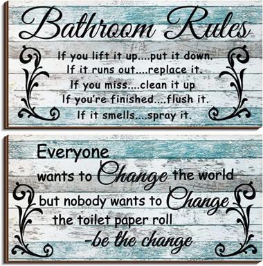 2 Pieces Bathroom Wall Decor Bathroom Rules Flower Wall Art Funny Ocean Beach Bathroom Signs Rustic Bathroom Wooden Signs Farmhouse Toilet Wall Decor (Chic Style)