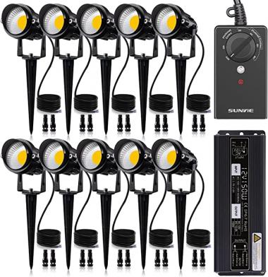 SUNVIE Low Voltage Landscape Lights Kit with Transformer and Timer 12W 12-24V Outdoor LED 3000K Waterproof Landscape Lighting with Wire Connector for Garden Pathway Wall Tree ETL Listed Cord, 10 Pack