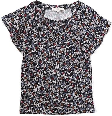 LOFT Women's Black Floral Mixed Media Flutter Sleeve Top