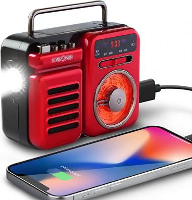 FosPower 2000mAh Emergency Weather Radio, Retro Style Portable Radio with 5.0 Bluetooth Speaker, Hand Crank, Solar Charging, AM/FM/WB, Flashlight & SOS Alarm (Red)