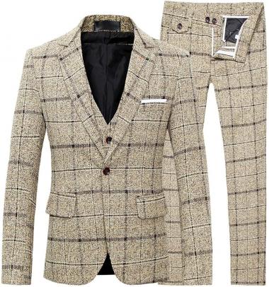 Cloudstyle Men's 3-Piece Dress Suit Plaid 1 Button Slim Fit Single-Breasted Wedding Blazer