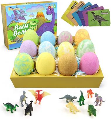 Bath Bombs for Kids, 12 Bath Fizzies with Surprise Dinosaur Toys Inside, Natural Organic Kids Safe Spa Bubble Bath Fizz Balls Kit, Birthday Gift for Girls and Boys