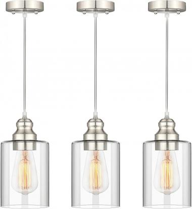 Industrial Pendant Lighting, Adjustable Hanging Light Fixtures, Clear Glass Shade Pendant Light, Vintage Farmhouse Mini Hanging Ceiling Lamp for Kitchen Living Room Bedroom Hallway, E26 Base, 3-Pack