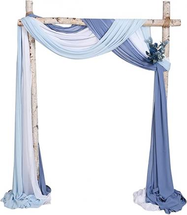 SHERWAY 3 Panels Chiffon Fabric Drapery Wedding Arch Drapes, Party Backdrop Curtain Panels, Ceremony Reception Swag Decoration (27 x 216 Inch, White & Light Blue & Dusty Blue)