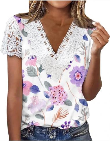 Ceboyel Women Guipure Lace Trim Boho Tops Floral Print Casual T Shirts Short Sleeve V Neck Dressy Blouse Going Out Clothing