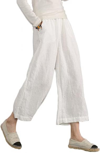 ECUPPER Womens Casual Loose Elastic Waist Cotton Trouser Cropped Wide Leg Pants