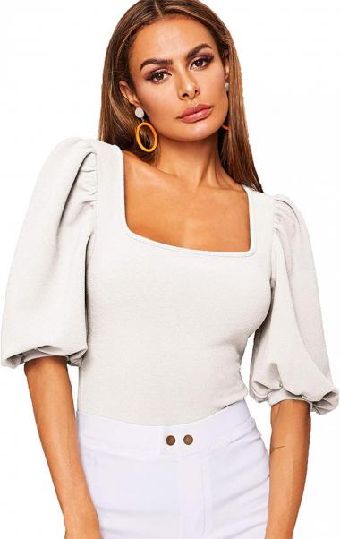 Romwe Women's Casual Puff Sleeve Square Neck Slim Fit Crop Tee Tops