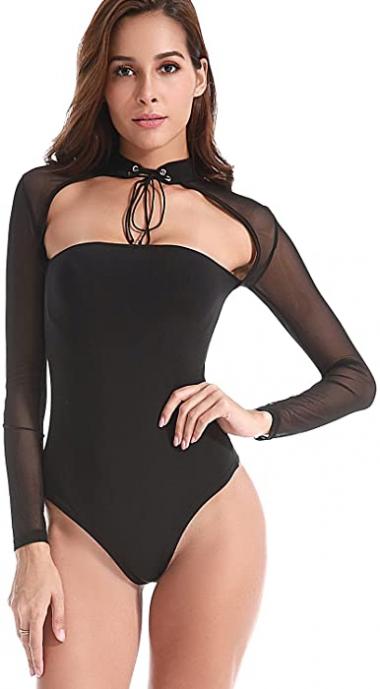 Velius Women Sexy Choker Bandage Strapless Long Sleeve Mesh Bodysuit Party Clubwear