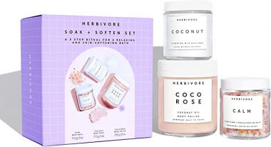 Herbivore Botanicals Soak and Soften Set – Coco Rose Body Polish (8 oz), Coconut Bath Soak (4 oz) and Calm Bath Salts (4 oz) for a Relaxing and Skin-Softening Bath