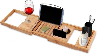 Bamboo Bathtub Caddy Tray, Expandable Bath Tray for Tub, Adjustable Organizer Tray for Bathroom, Wood Bathroom Tray with Wine Glass Slot, Book & iPad Holder, Candles Slots, Cups, Wine, Phone for Tub