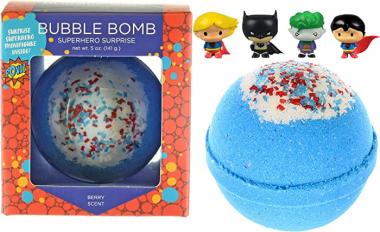 Superhero Bubble Bath Bomb for Kids with Surprise Superhero Toy Inside by Two Sisters. Large 99% Natural Fizzy in Gift Box. Moisturizes Dry Sensitive Skin. Releases Color, Scent, Bubbles