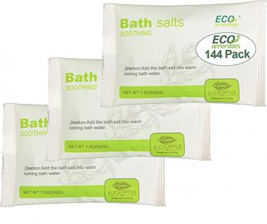 ECO amenities 144 Pack Bath Salt Enriched with Essential Oil; 1.5 ounce/42g Individual Wrapped Sea Salt Bath Soak Spa Experience Stress Relief and Good Sleep