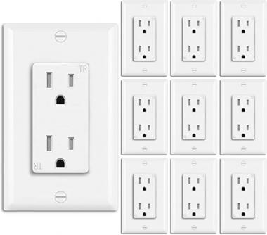 [10 Pack] BESTTEN 15 Amp Tamper-Resistant Decor Receptacle Outlet, Wallplate Included, Residential and Commercial Use, 15A/125V/1875W, cUL Listed, White