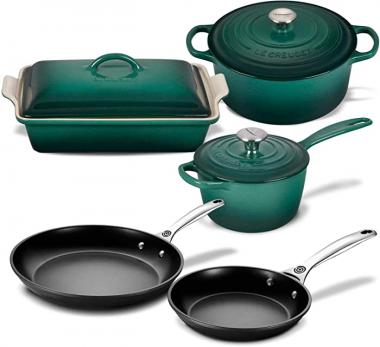 Le Creuset 8 Piece Multi-Purpose Enameled Cast Iron with SS Knobs, Stoneware, and Toughened Nonstick PRO Fry Pan Complete Cookware Set - Artichaut