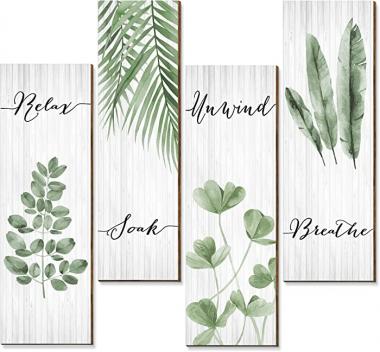 Bathroom Wall Decor 4 Pieces Relax Soak Unwind Breathe with Boho Leaf Art Print Minimalist Bathroom Sign Botanical Wooden Hanging Wall Art Decor for Farmhouse Home Bathroom, 11 x 3.5 Inch (Green)