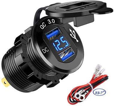 Quick Charge 3.0 Dual USB Car Charger Socket 12V/24V 36W QC3.0 Dual USB Fast Charger Aluminum Socket Power Outlet with LED Voltmeter for Marine, Boat, Motorcycle, Truck, Golf Cart