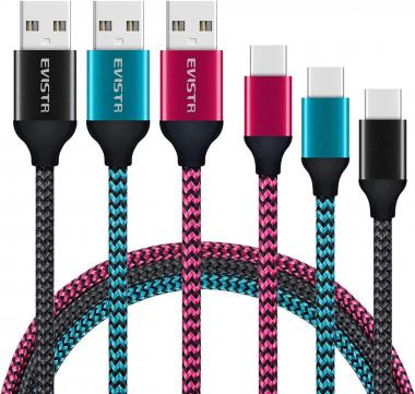 USB Type C Cable - EVISTR 3PACK 10FT Charging Cable for Smartphones, Nylon Braid USB C Charger Sync Data Cord Compatible with Samsung Galaxy S9 S8 Note 8,LG V30, Nintendo Switch and More