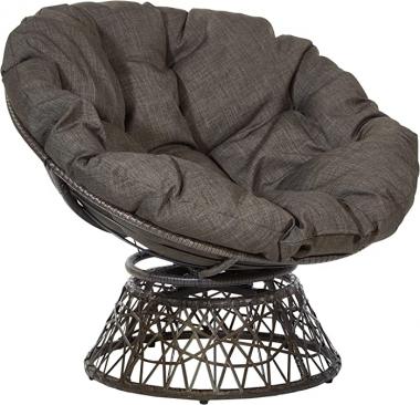 OSP Home Furnishings Wicker Papasan Chair with 360-Degree Swivel, 40” W x 36” D x 35.25” H, Brown Frame with Brown Cushion