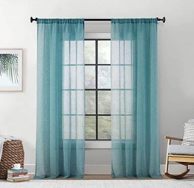 HLC.ME Penelope Faux Linen Textured Semi Sheer Privacy Sun Light Filtering Window Floor Length Pocket Hole Thick Curtains Drapery Panels Master Bedroom & Living Room, 2 Panels (54 W x 84 L, Teal Blue)