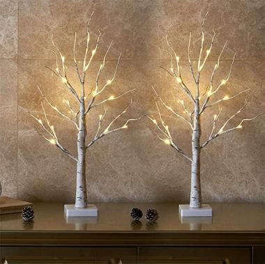 Set of 2- EAMBRITE 2FT 24LT Warm White LED Birch Tree Light with Timer Tabletop Bonsai Tree Light Jewelry Holder Decor for Home Party Wedding Holiday