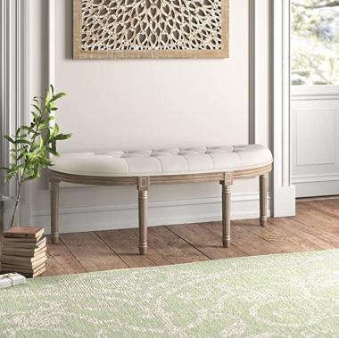 WINGBO 49" Tufted Semi Circle Ottoman Bench Seat, Birch Frame & Rubber Wood Legs & Faded Wood Finish, French Style Home Furniture for Entryway Foyer Mudroom Bedroom End of Bed