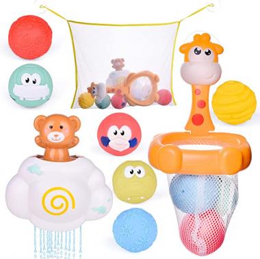 FUN LITTLE TOYS Toddler Bath Toys, Basketball Hoop Set for Kids with 6 Cute Soft Bath Balls, 1 Cloud Water Toy and 1 Organizer, for Kids