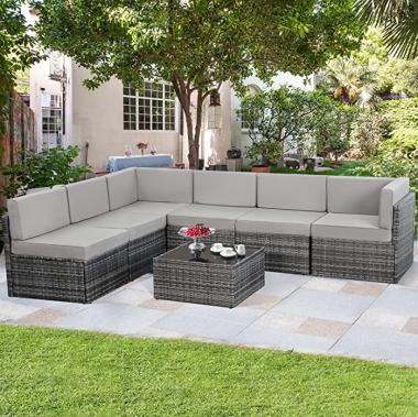 U-MAX 7 Pieces Outdoor Patio Furniture Set, Gray PE Rattan Wicker Sofa Set, Outdoor Sectional Furniture Chair Set with Grey Cushions and Tea Table