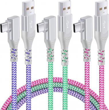 USB C Cable, Pofesun [3Pack,6.6ft]3.1A Type C Charger Fast Charging Cable Right Angle,Braided USB C Charging Cord Compatible with Samsung Galaxy S21 S10 Plus Note 10 9,LG G8 V40,Moto-Purple,Green,Rose