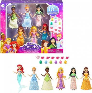 Disney Princess Small Doll Party Set with 6 Posable Princess Dolls in Sparkling Clothing and 13 Tea Time Accessories