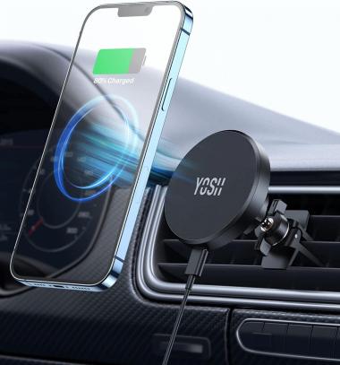 YOSH Mag-Safe Wireless Car Charger Mount Air Vent, iPhone Car Charger Mount Phone Holder for Cars with 360° Rotation Car Cradle for iPhone 14/13/12 Series & MagSafe Case with Double Lock Clip