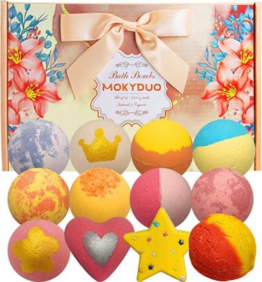 MOKYDUO Bath Bombs for Women, Organic Bath Bombs, New Bubble Bar, Mother's Day Gift Set With Ribbon Bow, 12 Aroma, Rose Lavender Natural Essential Oil Shea Butter Heart/Star Shaped Moisturize Relaxing