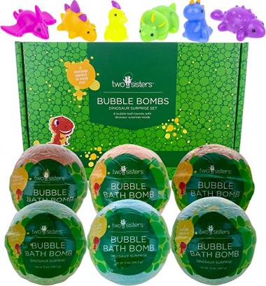 Two Sisters Spa Bubble Bombs Dinosaur Surprise Set | Bath Bombs for Kids with Toys Inside | 6 Pack Set in a Gift Box | Safe for Sensitive Skin