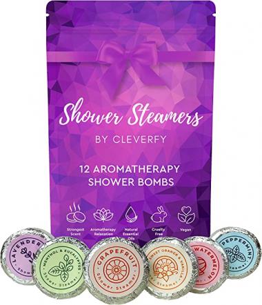 Cleverfy Aromatherapy Shower Steamers - Pack of 12 Shower Bombs with Essential Oils. Purple Multipack: Lavender, Watermelon, Grapefruit, Menthol & Eucalyptus, Vanilla & Orange, Peppermint