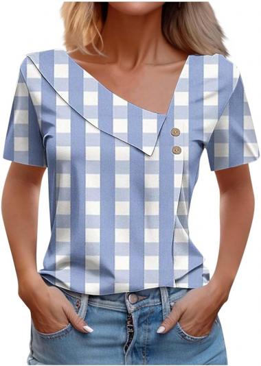 Going Out Tops for Women Asymmetric V Neck Shirts 3/4 Sleeve Button Down Blouses Plaid Print Business Casual Tunics