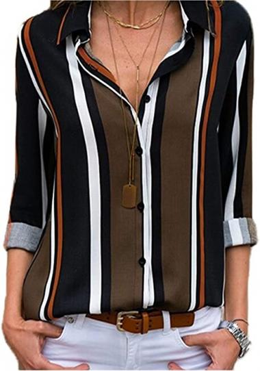 Astylish Womens V Neck Striped Roll up Sleeve Button Down Blouses Top