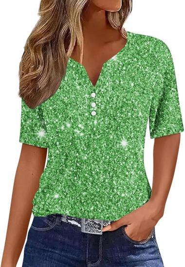 Summer Tshirts for Women Sparking Print Fashion Blouse Notched V Neck Casual Dressy Short Sleeve Tops