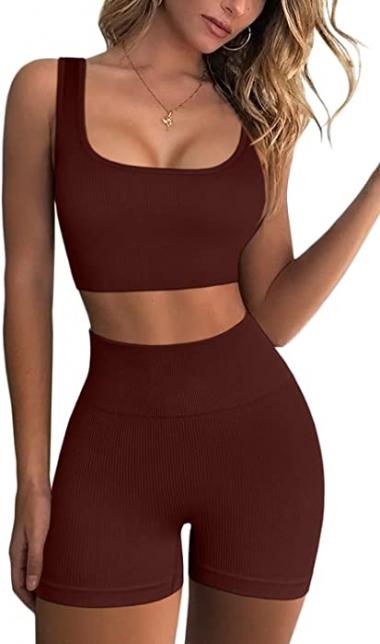 FAFOFA Workout Sets for Women 2 Piece Seamless Ribbed Crop Tank High Waist Shorts Yoga Outfits