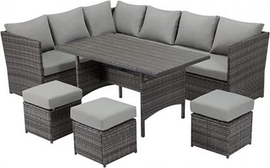 U-MAX 7 Pieces Patio Furniture Set Outdoor Sectional Sofa Conversation Set All Weather Wicker Rattan Couch Dining Table & Chair with Ottoman, Gray