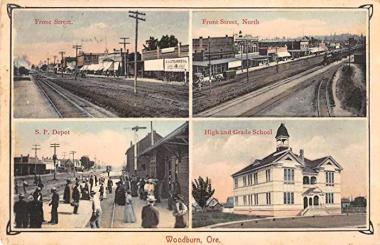 Woodburn Oregon SP Depot Front Street High and Grade School Postcard AA2128