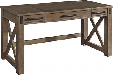 Signature Design by Ashley Aldwin Rustic Farmhouse 60" Home Office Lift Top Desk with Charging Ports, Distressed Gray