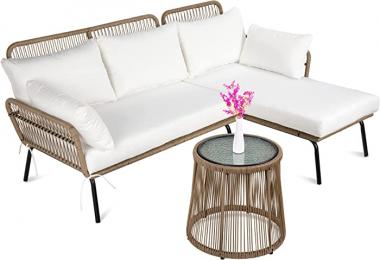 Best Choice Products Outdoor Rope Woven Sectional Patio Furniture L-Shaped Conversation Sofa Set for Backyard, Porch w/Thick Cushions, Detachable Lounger, Side Table - White