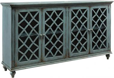 Signature Design by Ashley Mirimyn Vintage 69" 4-Door Accent Cabinet with Mirrored Glass and 2 Adjustable Shelves, Blue