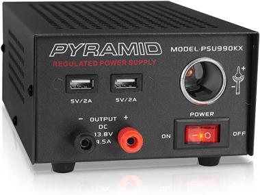 Universal Compact Bench Power Supply - 7 Amp Regulated Home Lab Benchtop AC-DC Converter Power Supply for CB Radio, HAM w/ 13.8 Volt DC 120V AC Supply, Dual USB, Cigarette Lighter - Pyramid PSU990KX