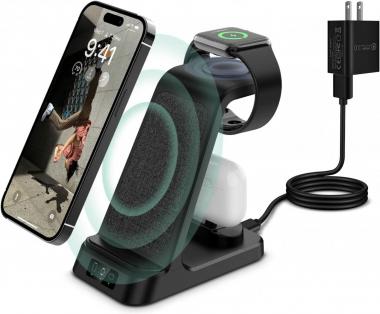 DDUAN Wireless Charging Station, 3 in 1 Fast Charging Stand, Wireless Charger for Apple Watch 8/7/6/5/4/3 & iPhone14/13/12/11/Pro/Max/X/XS/Max/XR/8, Airpods/Pro(QC3.0 Adapter Included)